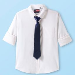 INFINITY Cotton Lycra Full Sleeves Solid Shirt With Tie - White & Navy Blue-image-94