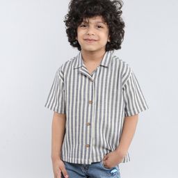 Taffykids Linen Half Sleeves Striped Oversized Shirt - Off White & Blue-picture-11