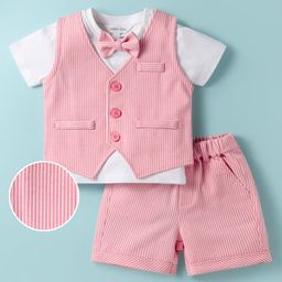 Mark & Mia Cotton Woven Half Sleeves Striped 3 Piece Party Suit With Bow - Pink & White-image-44