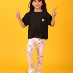 Anthrilo Cotton Blend Half Sleeves Unicorn & Heart Printed Tee & Leggings Set - Black & Pink-image-55