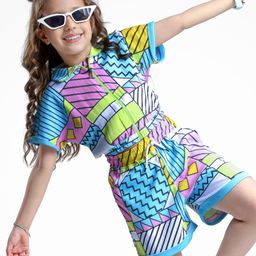 Ollington St. Cotton Lycra Co-Ord Set Half Sleeves Abstract Print Top & Shorts - Light Blue-image-88