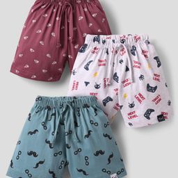 Teddy Sinker Knit Knee Length Shorts With Sports Print Pack Of 3 - Maroon White & Green-23