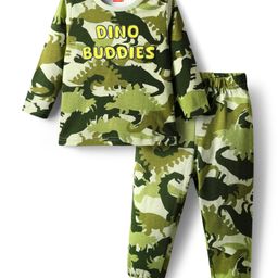 Babyhug Cotton Knit Full Sleeves Co-ords Night Suit With Dino Print - Green-image-81