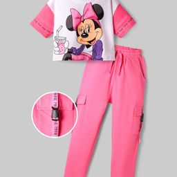 Ollington St. Disney Single Jersey Knit Drop Shoulder Half Sleeves Oversized T-Shirt & Trouser Set with Minnie Mouse Graphics - Pink-picture-14