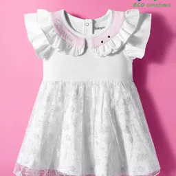 Babyoye 100% Cotton Interlock Woven Half Sleeves Party Dress with Frill & Lace Detailing & Floral Embroidery - White-picture-3