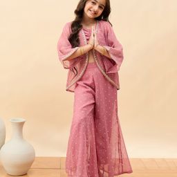 StyloBug Woven Bandhani Printed & Gota Lace Embellished Coordinating Top Palazzo WIth Three Fourth Sleeves Jacket Set - Peach-picture-21
