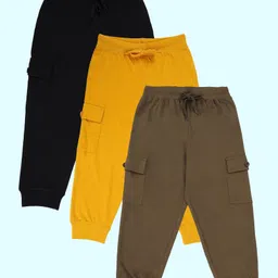 Kiddopanti Pack Of 3 Cotton Knit Solid Cargo Pocket Detailed Track Pants - Mustard Yellow Military Green & Black-picture-30