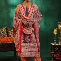 Libas Floral Printed Regular Mirror Work Linen Straight Kurta with Trousers & Dupatta-image-31