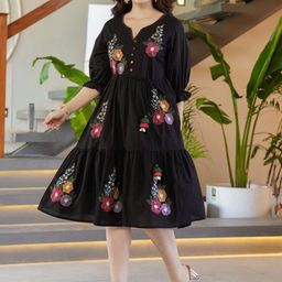 ZUMMER Women Floral Embroidered Puff Sleeve Fit & Flare Dress-image-81