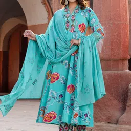 Indo Era Women Floral Printed Beads and Stones Pure Cotton Kurta with Trousers & Dupatta-12
