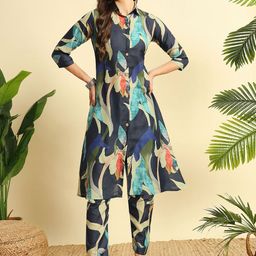 MORLY Floral Printed Shirt Collar A-Line Kurta with Trousers-image-42