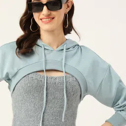 DressBerry Women Blue Hooded Solid Crop Sweatshirt-picture-25
