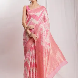 Janasya Women's Peach Silk Blend Geometric Woven Design Jacquard Saree with Blouse Piece-picture-1