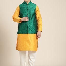 SOJANYA Men Mustard Yellow Striped Kurta with Pyjamas  & Nehru Jacket-picture-24