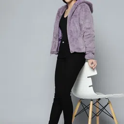 Chemistry Women Lavender Solid Fur Hooded Jacket-image-62