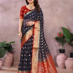 Moda Rapido Ethnic Motifs Woven Design Zari Organza Saree with Blouse Piece-image-49