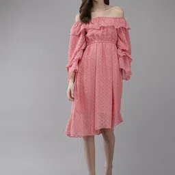 BAESD Polka Dot Print Off-Shoulder Puff Sleeve Georgette A-Line Dress-image-66