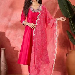 FASHION DREAM Embroidered Pleated Thread Work Straight Kurta With Trousers & Dupatta-picture-10