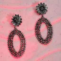 DressBerry Silver-Plated Artificial Stones Studded Oval Shaped Drop Earrings-9