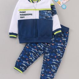 Babyhug Full Sleeves Sweat Jacket & Joggers Set Text & Camo Print - Blue White-picture-9