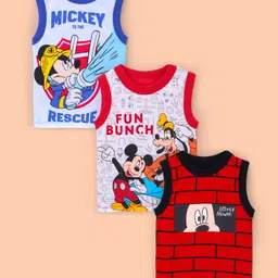 Bodycare Sleeveless Cotton Vests Solid Mickey Mouse Print Pack of 3 - Blue Grey & Red-picture-21