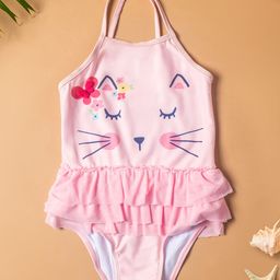 Baby Moo Sleeveless Kitten & Floral Printed & Frill Detailed Swimsuit - Pink-28