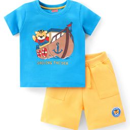 Babyhug Cotton Knit Half Sleeves Bear Printed T-Shirt & Short Set - Blue & Orange-picture-12
