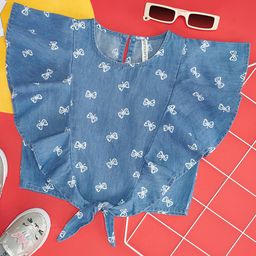 Pantaloons Junior Frill Sleeves Bow Printed Top - Blue-picture-34