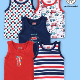 Babyhug 100% Cotton Knit Antibacterial Sleeveless Stripes Sandos with Star & Cars Print Pack of 5 - Multicolour-image-15