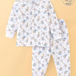 Babyoye Cotton Knit Drop Needle Full Sleeves Thermal Front Open Vest & Pant Set with Elephant Print - White-image-63