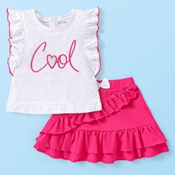 Babyhug Single Jersey Knit Frill Sleeves Top & Skirt Set with Text Print - White or Pink-picture-17