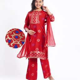 Pine Kids Woven Full Sleeves Printed Kurta Salwar Set with Dupatta - Red-image-95