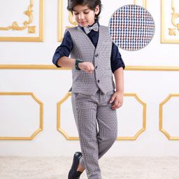 Mark & Mia Cotton Woven Full Sleeves Checkered 3 Piece Party Suit With Bow - Grey & Navy Blue-image-87