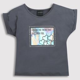 Tiny Girl Cotton Half Rollup Sleeves Foil Sticker Detailed Top - Grey-image-39