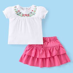 Babyhug Cotton Knit Half Sleeves Top & Layered Skirt Set With Floral Embroidery - White & Dark Pink-image-98