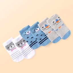 Cute Walk by Babyhug Knit Ankle Length Anti Bacterial Socks with Animal Design & Stripes Pack of 3 - White Light Blue & Grey-image-95
