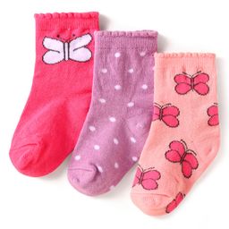 Cute Walk By Babyhug Cotton Knit Anti-Bacterial Ankle Length Socks With Butterfly & Polka Dot Design Pack Of 3 - Purple Pink & Red-image-92