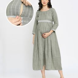 Dummy Shape Three Fourth Sleeves Striped Maternity Flared Kurta With Nursing Access & Abstract Embroidered Attached Belt - Green-picture-2