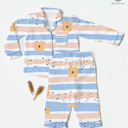 Cocoon Care 100% Bamboo Cotton Muslin Full Sleeves Floral Printed & Striped Coordinating Night Suit Set - Pink-image-7
