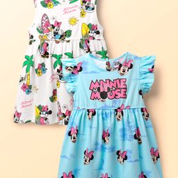 Babyhug Disney Single Jersey Knit Frill Sleeves Frocks with Minnie Mouse Family Graphics Pack of 2 - Light Blue & White-picture-47