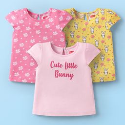 Babyhug Cotton Knit Cap Sleeves T-Shirts with Floral Bunny & Text Print Pack of 3 - Yellow & Pink-image-86