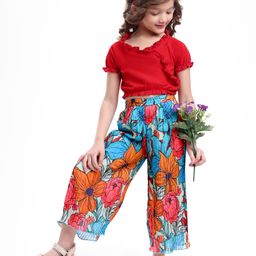 Ollington St. Cotton Half Sleeves Top & Pleated Georgette Culotte with Floral Print - Red Orange & Blue-image-66