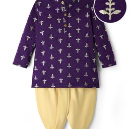 EARTHY TOUCH Single Jersey Knit Full Sleeves Kurta Dhoti Set with Floral Foil Print - Purple-image-40