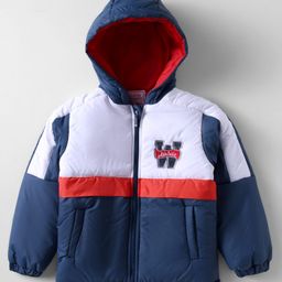 Babyhug Woven Full Sleeves Hooded Padded Jacket With Text Patch - White & Navy Blue-image-36