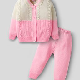 Babyhug Knit Full Sleeves Front Open Sweater Set With Cable Knit Design - Pink & White-picture-45