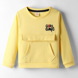 Olio Kids Knitted Full Sleeves Winter T-Shirt With Kangaroo Pockets & Girl Gang Print - Yellow-picture-15