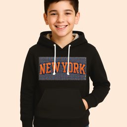 KUCHIPOO Fleece Knit Full Sleeves New York Text Printed Light Winter Hoodie - Black-picture-27