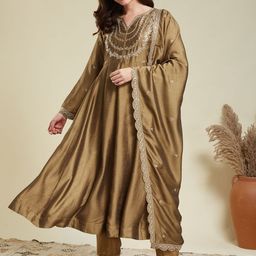 MOKOSH Ethnic Motifs Embroidered Notch Neck Anarkali Kurta With Trousers & Dupatta-image-60