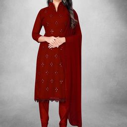 HERE&NOW Embroidered Mirror Work Silk Georgette Unstitched Dress Material-image-19