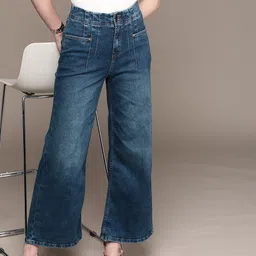 bebe Women Cobalt-Blue Denim Daze Wide Leg High-Rise Light Fade Jeans-image-40
